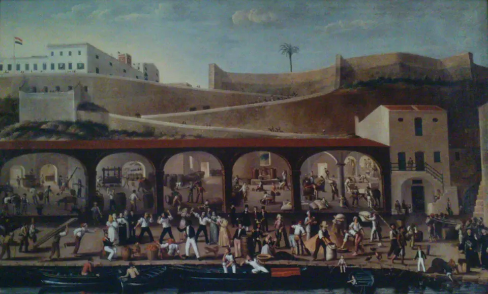 Pintura antiga d’un mercat amb porxos i molta gent